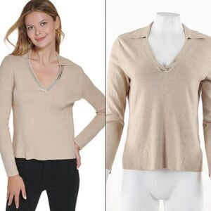 Calvin Klein Womens Sequin Trim V-Neck Sweater Heather Latte M